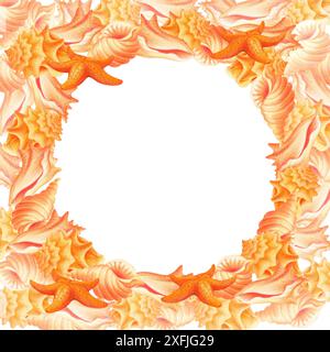 Quadratischer Hintergrund von Muscheln und Seesternen mit rundem Leerraum für Text in der Mitte. Aquarellkomposition für Strandaccessoires, Banner, Druck Stockfoto