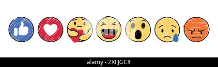 Set von gelbem Emoticon und Emoji Smileys, handgezeichnetes Kunstdesign im Markierstil, Vektorillustration Stock Vektor