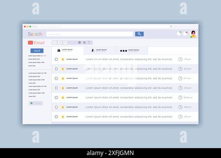 E-Mail-Anwendung Webseitendesign-Vorlage, moderne Benutzeroberfläche und Content Mockup für Website, Social Media Konzept, flache Design Vektorillustratio Stock Vektor