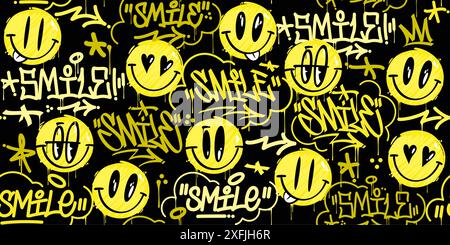 Trendy Abstrakte Street Art Graffiti Stil Glücklich Lächelndes Gesicht Emoji Aufkleber Nahtloser Hintergrund Stock Vektor