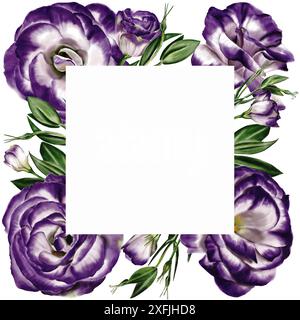 Quadratischer Rahmen aus großen und kleinen Lisianthus-, Blauell- und Eustoma-Blüten. Grüne Stiele mit Blättern. Die Blumen sind violett. Aquarellabbildung. Stockfoto