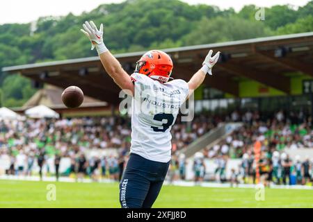 Touchdown von Michael Mayer (3, WR, ifm Razorbacks Ravensburg) GER, Schwaebisch Hall Unicorns vs ifm Ravensburg Razorbacks, American Football, GFL, Saison 2024, Woche 8, 29.06.2024, Foto: Eibner-Pressefoto/Florian Wolf Stockfoto