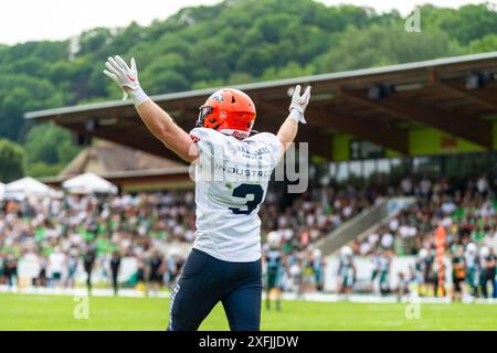 Touchdown von Michael Mayer (3, WR, ifm Razorbacks Ravensburg) GER, Schwaebisch Hall Unicorns vs ifm Ravensburg Razorbacks, American Football, GFL, Saison 2024, Woche 8, 29.06.2024, Foto: Eibner-Pressefoto/Florian Wolf Stockfoto