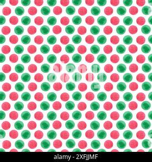 Hand gezeichnetes Aquarell-grünes und rotes Polka-Punkt-nahtloses Muster isoliert auf weißem Hintergrund. Kann für Textilien, Stoff, Scrapbook und anderes Pin verwendet werden Stockfoto