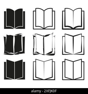Vektor der Buchsymbole. Schwarz-weiß. Verschiedene offene Buchstile. Einfache Bibliothekssymbole. Stock Vektor