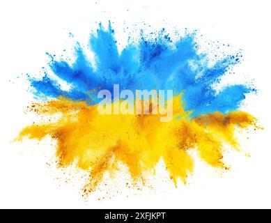 Bunte Ukrainan Flagge gelb blau Farbe holi Farbe Pulver Explosion Illustration isoliert auf weißem Hintergrund. russland ukraine Konflikt Krieg Freiheit Co Stockfoto