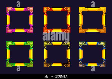 Quadratische Rahmen mit Verzierung. Die Rahmen sind in sechs Farben gestaltet. Rand Goldene Rahmen Vektor Stock Vektor