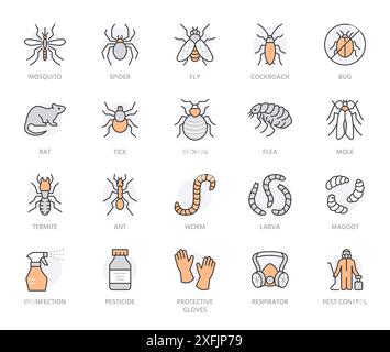 Flache Symbole für Schädlingsbekämpfung gesetzt. Mücke, Spinne, Fliege, Kakerlake, Ratte, Termiten, Pestizidsprayvektorillustrationen. Umrisse Zeichen für die Desinfektion Stock Vektor