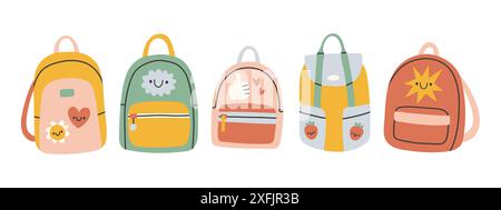 Schulrucksäcke und Schultaschen Set. Sammlung verschiedener Kindertaschen isoliert auf weiß. Verschiedene Formen. Stock Vektor