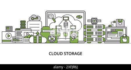 Infografik Greenery Cloud Storage Konzept, moderne flache, flache Vektorgrafik für Grafik- und Webdesign Stock Vektor