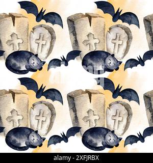 Aquarell nahtloses Muster des Halloween-Themas mit Grabstein, schlafende schwarze Katze, Fledermäuse, handgezeichnete Zeichentrickillustration für Oktober-Event gegen ora Stockfoto