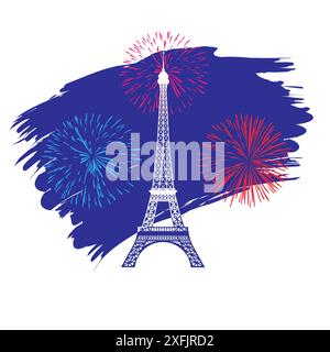 Eiffelturm und Feuerwerk, französischer Feiertagshintergrund. Bastille Day, Frankreich, Reise-Vektor-Konzept für T-Shirt-Print oder Souvenir Stock Vektor