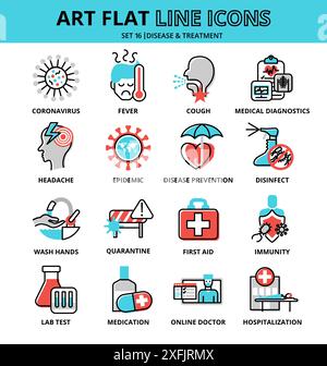 Satz von Krankheit und Behandlung Icons, moderne flache bearbeitbare Linie Design Vektor Illustration, für Grafik und Web Design Stock Vektor