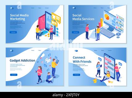 Set von Social Media Business Concepts, 3D-Isometrie Vektor Illustration Nahaufnahme Stock Vektor