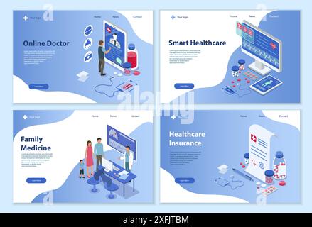 Satz moderner Konzepte im Gesundheitswesen und Medizin, isometrische 3D-Vektor-Illustration, für Grafik- und Webdesign Stock Vektor