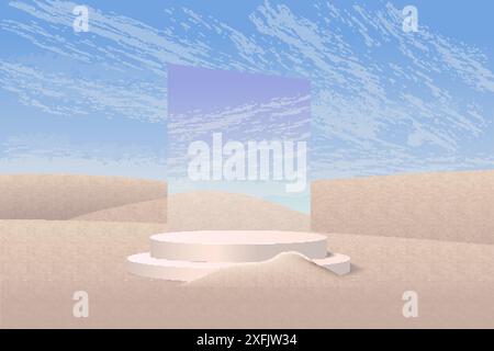 Werbepodium in der Wüste, realistische 3D-Vektor-Illustration aus nächster Nähe Stock Vektor