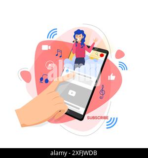 Hand mit Smartphone, Video-Blogging-Konzept, flache Design-Vektor-Illustration Nahaufnahme Stock Vektor