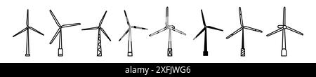 Satz von Linienformen von Windmill Energy Power Generators, Illustration des Entwurfs von dünnen Linien, isoliert Stock Vektor