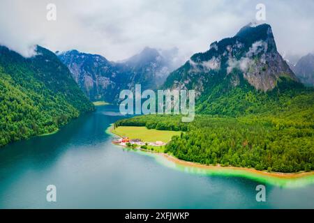 St. Bartholomäus oder St. Bartholomäus Luftpanorama, eine römisch-katholische Kirche am Konigssee in Bayern, Deutschland Stockfoto