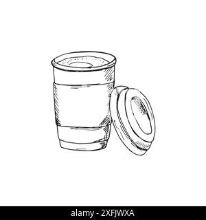 Pappbecher gefüllt mit Kaffee. Geöffnete Kraft Kaffeetasse mit Deckel. Handgezeichnete isolierte Illustration Stock Vektor