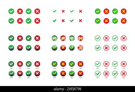 Satz von Häkchen- und X-Markierungssymbolen. Sammlung der Validierungsschaltflächen. Illustration des flachen Vektors. Stock Vektor