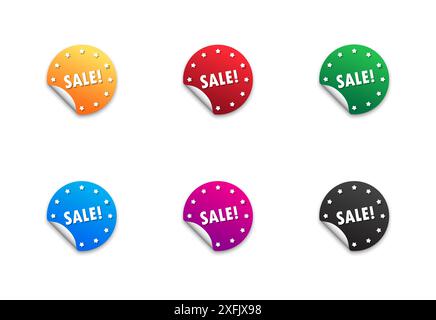 Sale Aufkleber Symbol Set. Runde farbige Abzeichen mit Text und Schatten darunter. Illustration des flachen Vektors. Stock Vektor