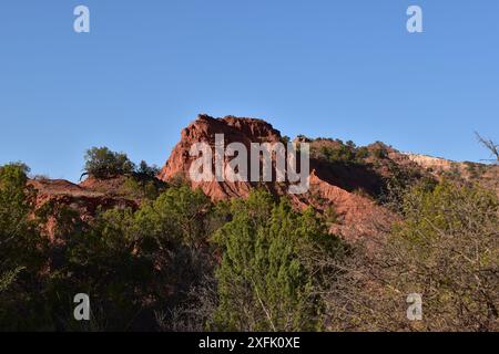 Ein malerischer Blick auf rote Felsformationen mit grüner Vegetation unter einem klaren blauen Himmel im Palo Duro Canyon, Texas. Stockfoto