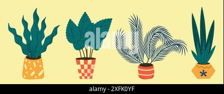Botanische Pflanzendarstellungen in dekorativen Töpfen Stock Vektor