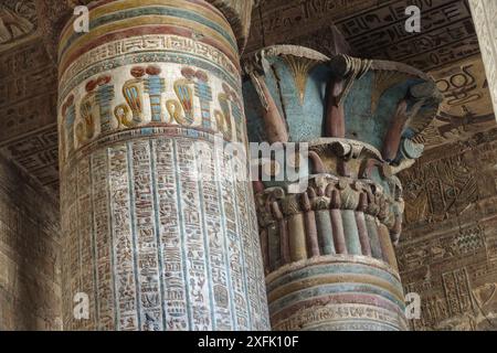 Neu gesäuberte Säulenkapitelle im Tempel von Khnum in Esna, Ägypten Stockfoto