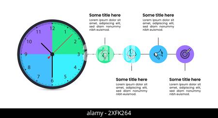 Infografik-Vorlage mit Symbolen und 4 Optionen oder Schritten. Uhr. Kann für Workflow-Layout, Diagramm, Banner und Webdesign verwendet werden. Vektorabbildung Stock Vektor