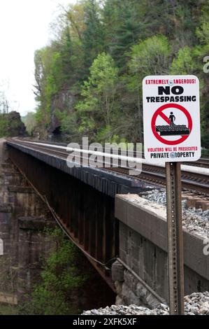 Warnschild am Rande einer Eisenbahnbrücke Stockfoto