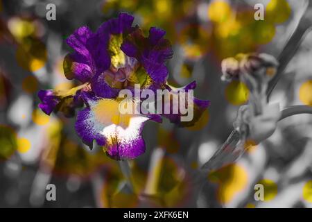 Blühende Irisblumen im Garten. Floraler natürlicher Hintergrund, Grußkarte, festliche Stimmung. Postkarte Iridaceae Design, strahlender Sonnenschein Stockfoto