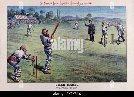 Die satirische Lithografie zeigt ein Cricket-Match mit britischen Politikern. Charles Stewart Parnell, ein prominenter irischer nationalistischer Führer, schlägt mit einer Fledermaus, die als Verrat bezeichnet wird, während die Zeitung Times als Bowler fungiert. Eine Figur im Hintergrund, die eine Zeitung für einen Helm trägt, repräsentiert die Presse. Dieser humorvolle Blick auf das politische Klima der Zeit zeigt Parnell als Ziel der Kritik der Presse. Stockfoto