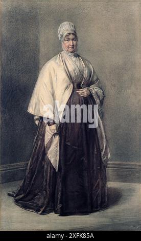 Elizabeth Fry (1780–1845), hier 1843 dargestellt, war eine bekannte englische Sozialreformerin und Philanthropin, die für ihre Arbeit in der Gefängnisreform bekannt war. Geboren in einer Quäkerfamilie in Norwich, England, entwickelte Fry schon früh ein starkes Gefühl für soziale Gerechtigkeit und Mitgefühl. Sie ist vor allem für ihre Bemühungen bekannt, die bedauerlichen Bedingungen in britischen Gefängnissen zu verbessern, insbesondere im Newgate Prison in London. Stockfoto