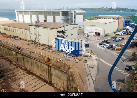 Falmouth Docks, A&P Ltd, Queen Elizabeth NO2 Trockendock, mit Pendennis Werft. Cornwall, England Stockfoto