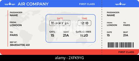 Vorlage für Flugtickets mit Bordkarte mit Passagiernamen und Zielort, realistischer Vektorgrafik, Reise- und Reisekonzept Stock Vektor