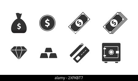 Finanzsymbole. Einfache Symbole für Geld. Dollarsymbol. Illustration des flachen Vektors. Stock Vektor
