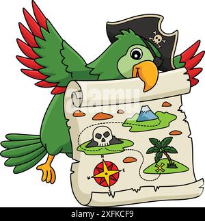 Pirate Paprot mit einer Schatzkarte Cartoon Clipart Stock Vektor