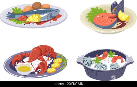 Meeresfrüchte-Gerichte Vektor-Illustration isoliert Stock Vektor