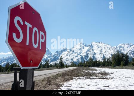 Ein Stoppschild befindet sich auf einer Straße vor einer Bergkette. Das Schild ist rot und weiß Stockfoto