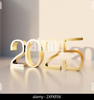 3D-Zahlen 2025 in einem minimalistischen, modernen Stil, symbolisieren das neue Jahr und zukünftige Feierlichkeiten Stockfoto