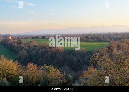 Blick auf das Aniene-Tal von Hadrians Villa (Villa Adriana; Villa Hadriana) Villa des Kaisers Hadrian nahe Tivoli außerhalb von Rom, Italien. Stockfoto