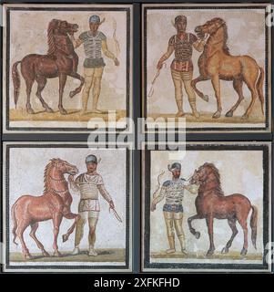 Mosaik mit einem Wagen und Pferd aus jeder der vier Fraktionen (Rot, weiß, Blau und Grün), 3. Jahrhundert n. Chr. Rom Stockfoto