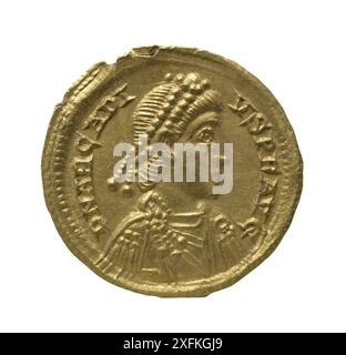 Römischer Kaiser Arcadius - von 383 bis zu seinem Tod 408. Er war der älteste Sohn des Augustus Theodosius I. Solid (solidus) Münze, Gold. Diademed Brust mit Stockfoto