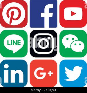 Juni 2017: Beliebte Social-Media-Symbole: Facebook, Twitter, Google Plus, Instagram, Pinterest, LinkedIn, WeChat, Line und Youtube Stock Vektor