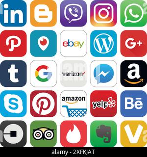 18. Juli 2017: Verschiedene beliebte soziale Medien und andere Symbole: LinkedIn, Blogger, Instagram, Amazon, Whatsapp, eBay und andere Stock Vektor