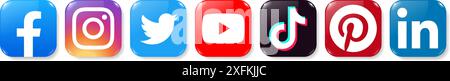 Oktober 2020: Set beliebter Social Media- und Mobile Apps-Symbole in realistischem Volumendesign: Facebook, Twitter, Pinterest, Instagram, TikTok, Linke Stock Vektor