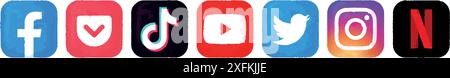 Oktober 2020: Set beliebter Symbole für soziale Medien und mobile Apps in Aquarellfarben: Facebook, Twitter, Pocket, Instagram, TikTok, Netflix Stock Vektor