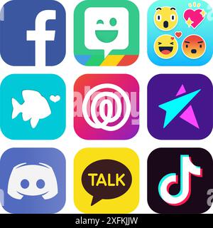 Februar 2020: Set von beliebten sozialen Medien und anderen Ikonen: Facebook, Bitmoji, Emoji Free, POF-Dating, Find My Family, LiveMe, Discord, KakaoTalk, Stock Vektor