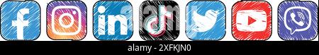 Oktober 2020: Set beliebter Symbole für soziale Medien und mobile Apps in handgezeichnetem Design: Facebook, Twitter, Viber, Instagram, TikTok, LinkedIn Stock Vektor